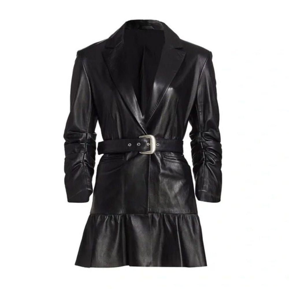 🖤 Cinq a Sept Black Napa Leather Skirted Ruffle Peplum Belted Blazer Jacket